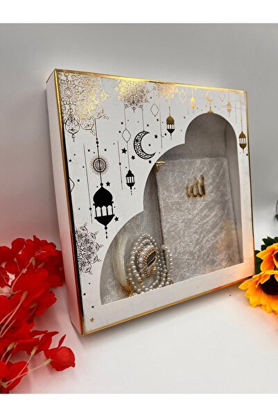 DUHA HAC Dowry Set, Gift, 4-Piece Bridal Bundle Set, Taffeta Prayer Rug, Yasin, Stone Zikirmatik, Pearl Prayer Beads