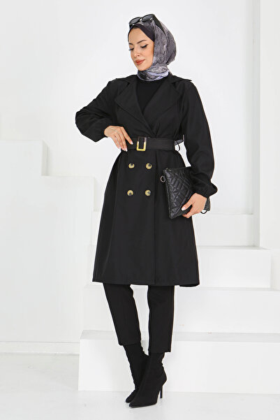 TOFİSA Μαύρο παλτό Miranda με κουμπιά και ζώνη - 27614