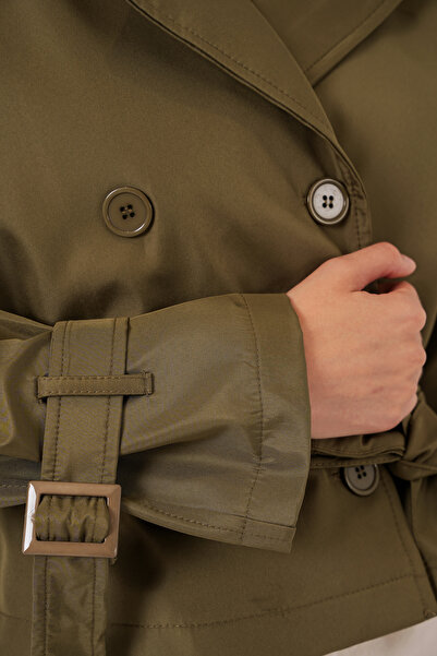 buğrahayalin Women's Classic Collared Belted Short Khaki Trench Coat