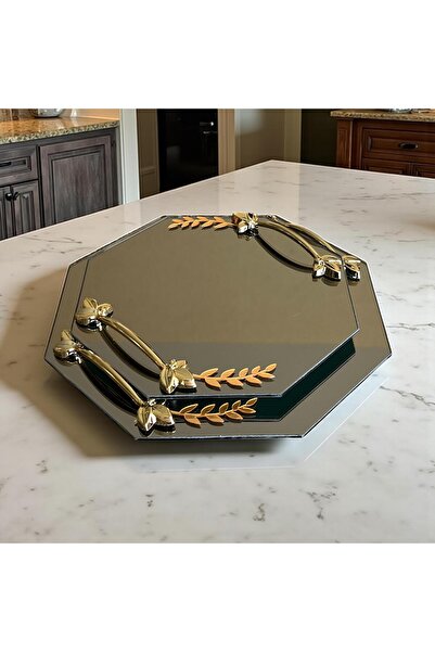 Online Home Market 2-Piece Promise or Engagement Ring, Gold-Silver Leaf-Shaped for Coffee Serving. Square-Hexagonal Shaped Glass Tray