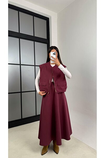 Gaus Bordo Astarlı Cep Detaylı Yelek Etek İkili Premium Takım GAUS-00181