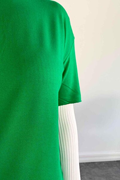 lamelif Seamless Sleeve Detailed Plain Short T-Shirt Green