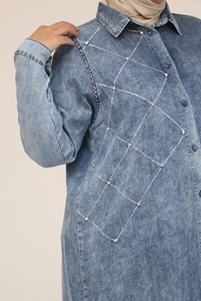 Eslina 58123 Plus Size Denim Buttoned Tunic with Stone Detail on the Front - Navy Blue