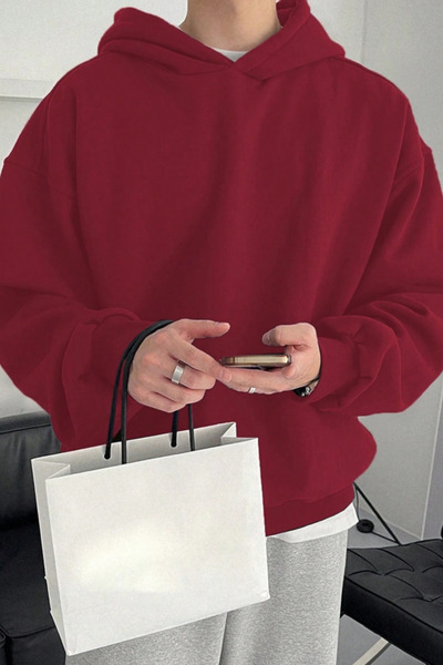Tarz Cool Men's Burgundy Hooded Oversize Sweatshirt