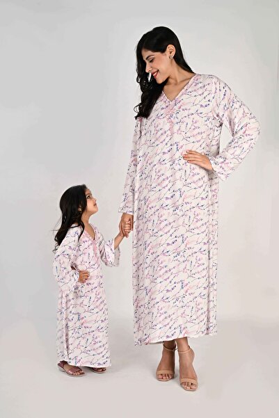 LINELLE جلابية أطفال - طبعة زهور تجريدية باللون الأزرق والوردي والأبيض مع تفا...