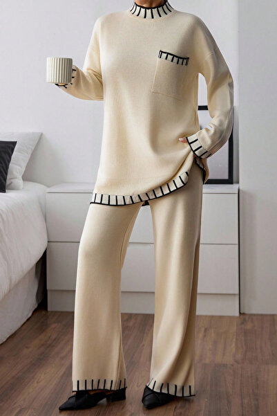 H&E LUXURY DESIGN Set de două piese de tricotaje cu potrivire lejeră, cu detaliu de linie neagră crem, pentru femei