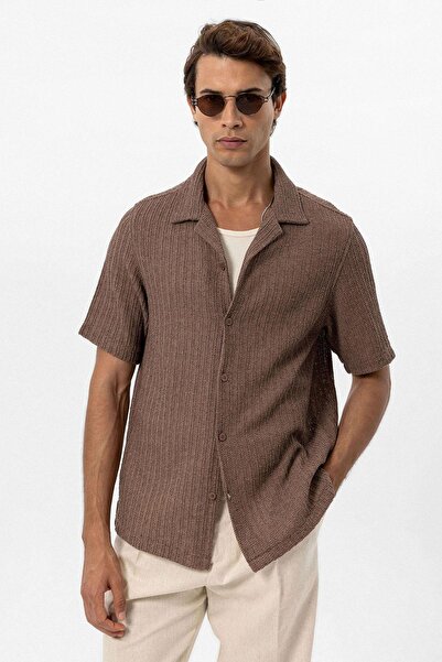 Antioch Brown Textured Crochet Men's Shirt