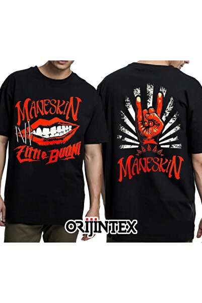 orijintex تي شيرت أسود مطبوع للجنسين من Maneskin Zitti E Buoni من الأمام والخلف