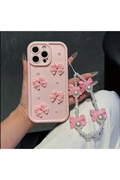 BABUN İncili Kurdeleli Süslü Charmlı Pembe İphone Telefon Kılıfı Koruyucusu 1...