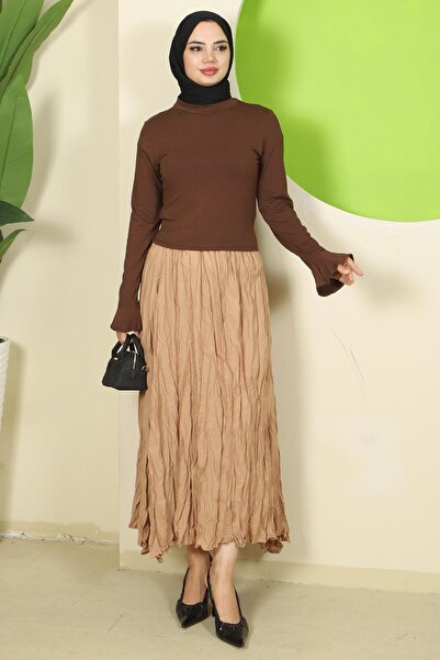 hafsamina Cuffed Flounce Crew Neck Body Brown Hm2818