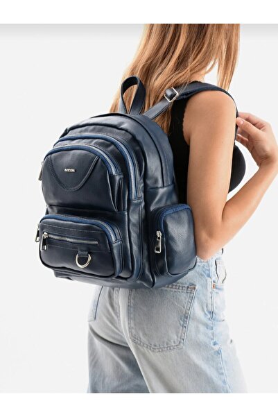 eflanmoda Mega Women's Navy Blue Multi-Compartment Soft Leather Backpack