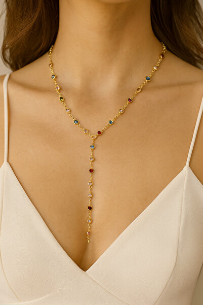 Classybyvega Xuping Altın Kaplama Renkli Kalp Taşlı Y Kolye