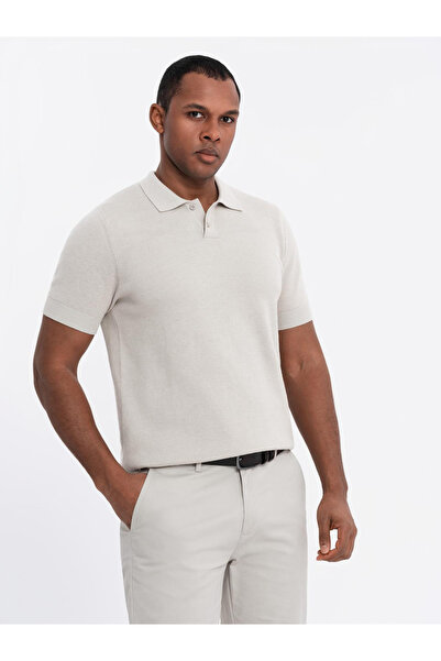 OMBRE Men's cotton structured knit polo shirt - beige V6 OM-POSS-0117 S