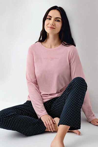 Pierre Cardin Kadın Pijama Takımı, %50 Pamuk & %50 Modal, Uzun Kollu, Bisiklet Yaka, Cepli, Puantiyeli