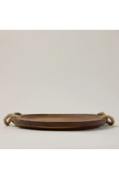 Alberto Acacia Wood Round Serving Tray With Rope Handles Dia:35Cm