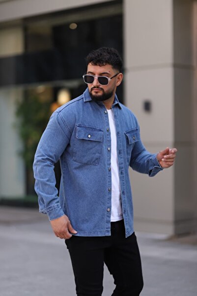 L-KOM Erkek Kot Gömlek Rahat Kalıp, Çift Cepli, Düğmeli Denim Gömlek