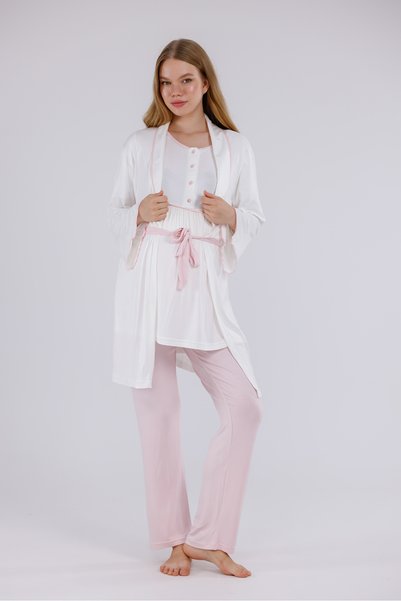 Lohusa Dünyasi Women's Powder Shawl Collar Cotton Maternity Pajama Set with Dressing Gown, 3-Piece Pajama Set