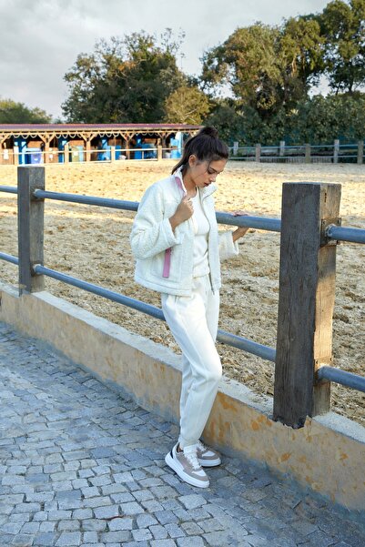 SPORTEMPT Striped Pocket Detailed Plush Zippered Women's Jacket - Ecru