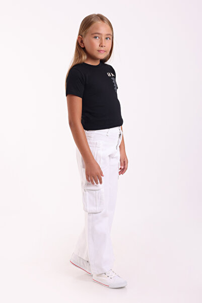 Pafim Kız Çocuk Beli Ayarlanabilir Kargo Cep Detaylı Rahat Kesim Pamuklu Kot Pantolon