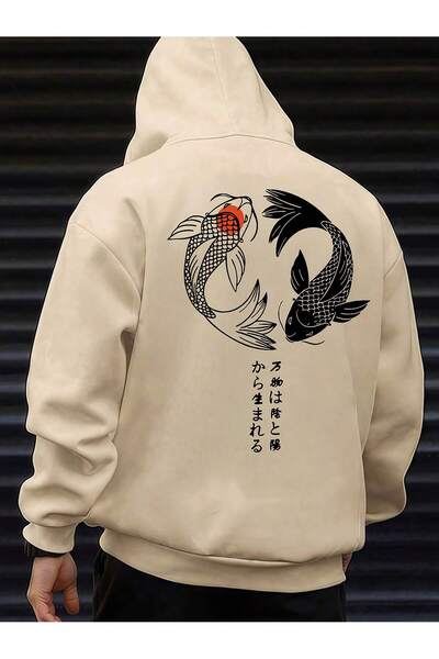 ModaQamar Japanese Fish Front Back Printed Oversize Kangaroo Pocket Hooded Sweatshirt Hoodie