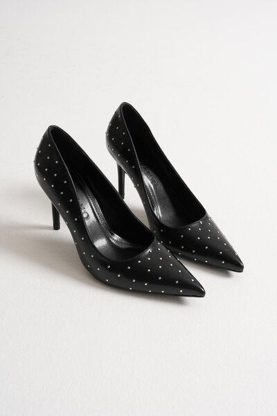 Mubiano Zerina Women's Black Metal Accessory Pointed Toe High Thin Heeled Shoes Stiletto (9 cm)