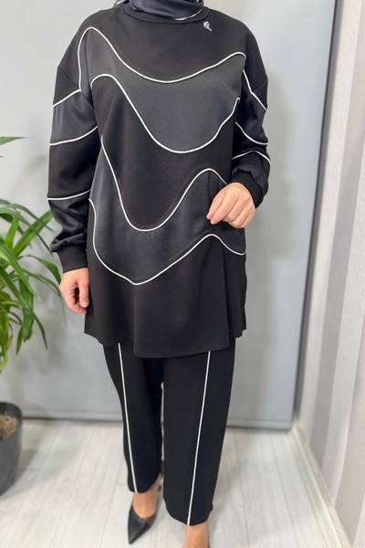 Ghisa Tunic Set with Piping Detail Black 26Kgstkm4061