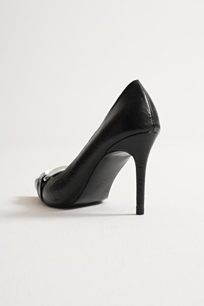 Mubiano Corine Women's Black Metal Accessory Pointed Toe High Thin Heeled Shoes Stiletto (9 cm)