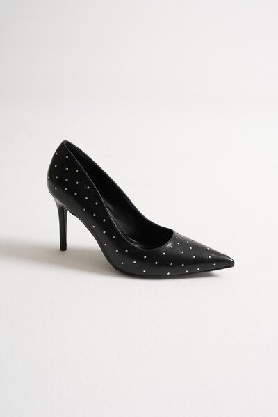 Mubiano Zerina Women's Black Metal Accessory Pointed Toe High Thin Heeled Shoes Stiletto (9 cm)