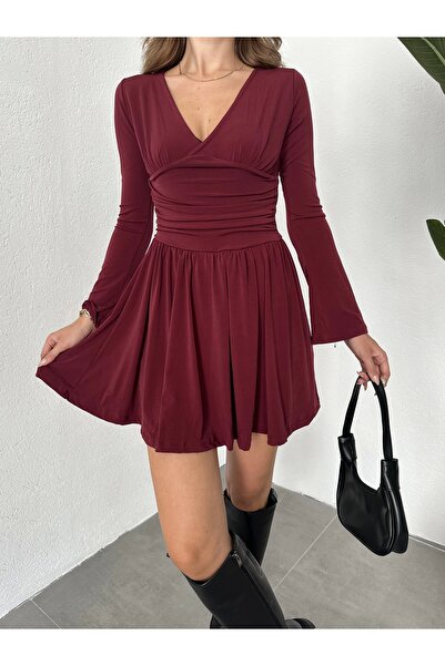 asfamoda Kadın Bordo İçi Şortlu Uzun Kollu V Yaka Mini Candy Elbise