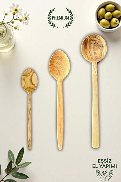 Ulgenex 3'lü Zeytin Ağacı Tahta Kaşık Seti – Doğal El Yapımı Ahşap