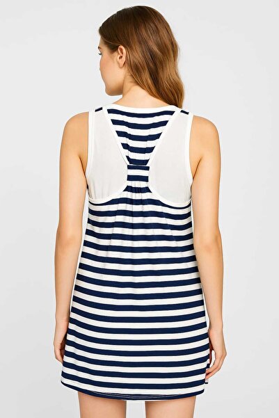 Şans Women's Plus Size Navy Blue, Half Tank Top Inside, Back Detail Striped Blouse 65N39151