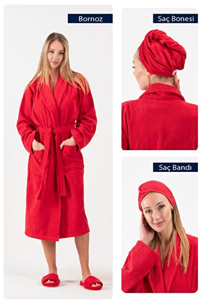 Ender Home CottonVerse 3'lü Bornoz Seti - %100 Pamuk Bornoz , Saç Bonesi , Sa...