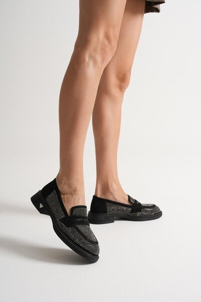 Mubiano Liora Women's Black Suede Casual Shoes with Stone Detail