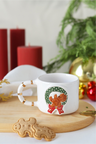 ada mia seramik Handmade Ceramic Mug with 24K Gold Decoration and Teddy Bear Figure for New Year, 200ml