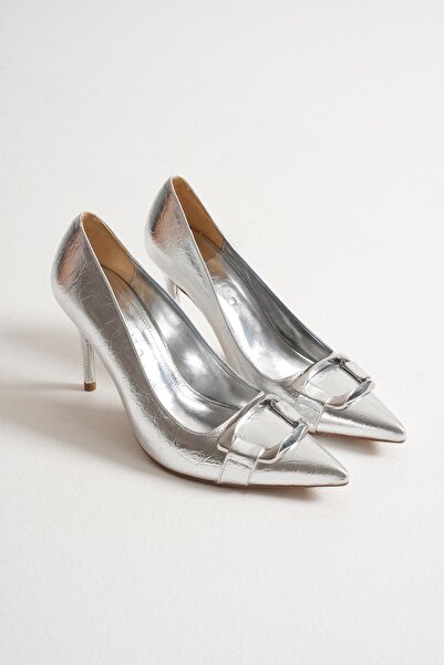 Mubiano Corine Women's Silver Metal Accessory Pointed Toe High Thin Heeled Shoes Stiletto (9 cm)