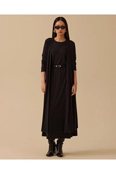 SCL Faux Leather Pocket Long Cardigan