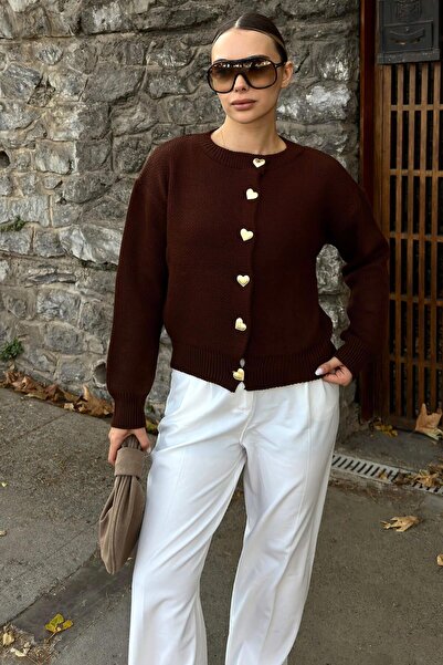 Swist Brown Heart Gold Heart Buttoned Women's Knitwear Cardigan