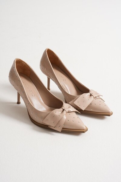 Mubiano Mirabel Women's Beige Metal Accessory Bow Pointed Toe Thin Heeled Shoes Stiletto (7 cm)