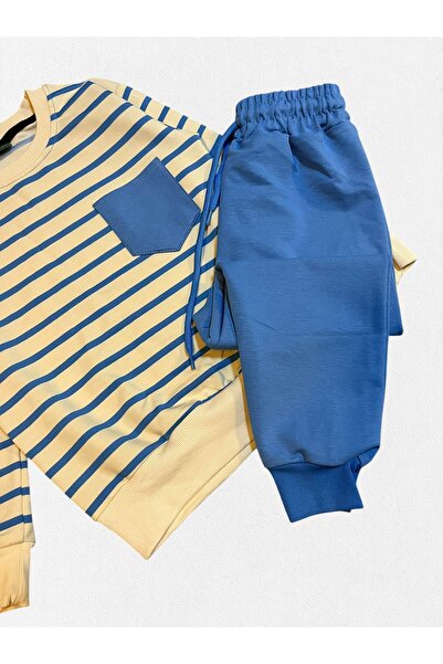 Fil Kids Σετ χειμερινής φόρμας για αγόρια 100% βαμβακερό μπεζ χρώμα με μπλε ρίγες μακρυμάνικο με τσέπες