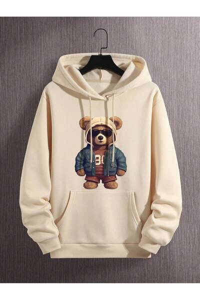 ModaQamar Cool Bear Printed Oversize Kangaroo Pocket Beige Hooded Sweatshirt Hoodie