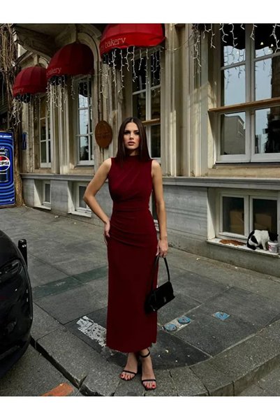 Mivelya Zero-Sleeve Pencil Dress with Slit Detail