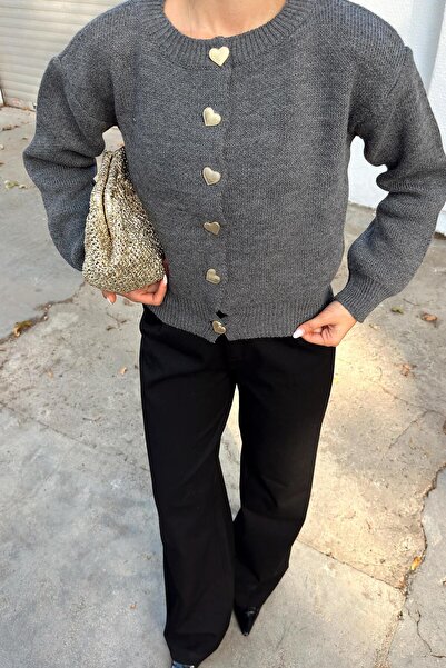 Swist Füme Heart Gold Kalp Düğmeli Kadın Triko Hırka