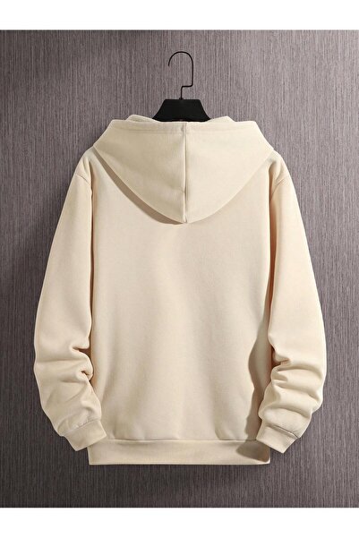 ModaQamar Cool Bear Printed Oversize Kangaroo Pocket Beige Hooded Sweatshirt Hoodie