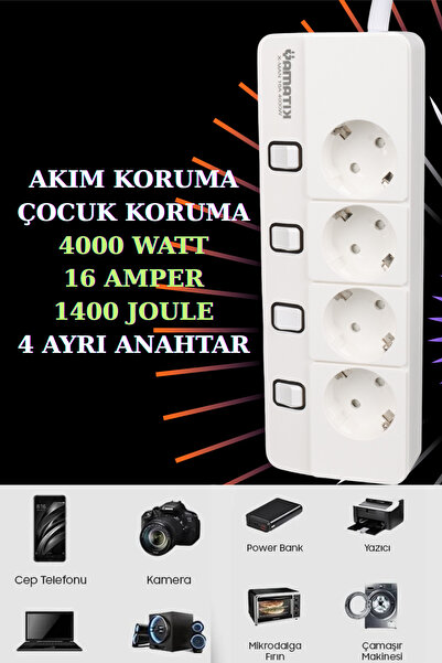 harry 4'Lü 2 Metre Kablolu Akım ve Çoçuk Korumalı Led Işıklı Ayrı Anahtarlı 4...