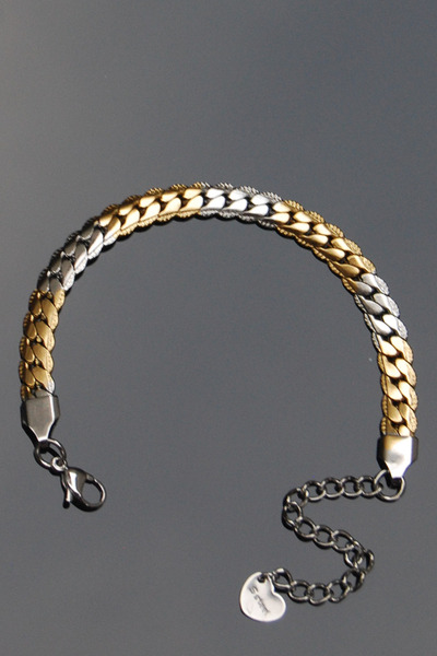Rua Jewelry سوار ستيل جورميت بنمط مطحون 7 ملم لون ذهبي وفضي |   مقاوم للبهتان...