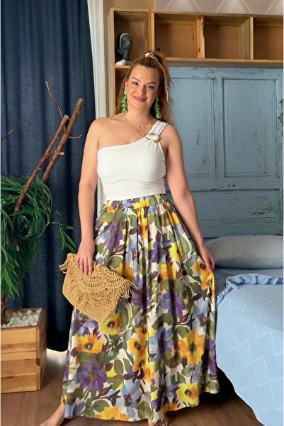 Butik ÇİÇEK DESENLİ CEP DETAYLI UZUN ETEK