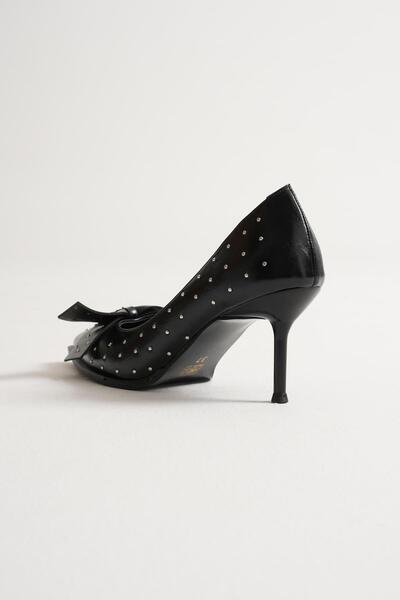 Mubiano Mirabel Women's Black Metal Accessory Bow Pointed Toe Thin Heeled Shoes Stiletto (7 cm)