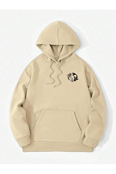 ModaQamar Japanese Fish Front Back Printed Oversize Kangaroo Pocket Hooded Sweatshirt Hoodie