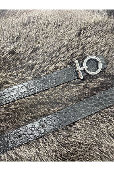 ASLIHAN KEMER حزام خصر نسائي أسود منقوش بنمط كراكو مع مشبك بيضاوي فضي