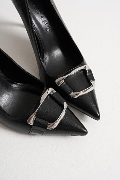 Mubiano Corine Women's Black Metal Accessory Pointed Toe High Thin Heeled Shoes Stiletto (9 cm)